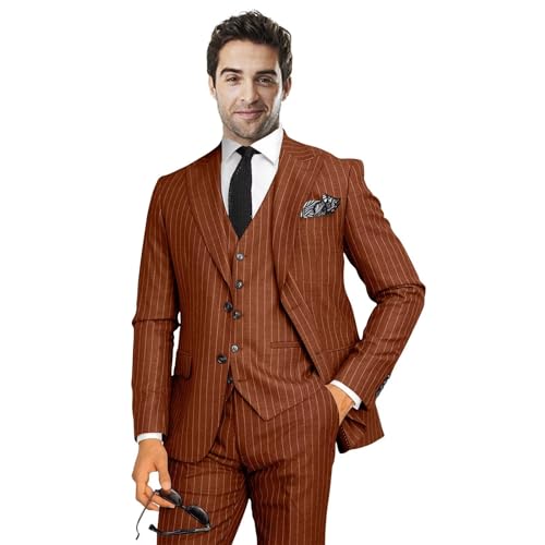 Mens Striped Suit 3 Piece Slim Fit Formal Single Breasted Business Wedding Party Jacket Blazer Vest Pants Suits