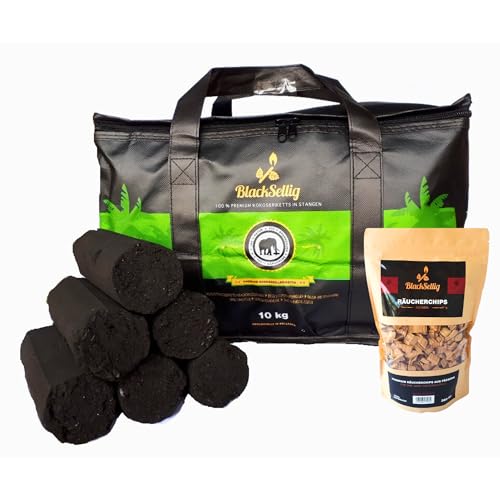 BlackSellig Briquetas de barbacoa de coco de playa XXL, carbón puro para barbacoa, respetuoso con el medio ambiente, sin humo, tiempo de combustión extralargo, barras de 10 kg XXL + chips de ahumado