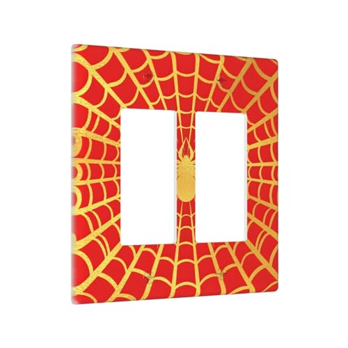 Decorative Outlet Covers Red Background with Golden Spiderweb Spider 2 Gang Light Switch Cover Plate Double Rocker Wall Plate Switch Plate Covers Faceplate for Bedroom Decor