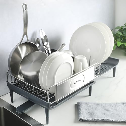 Image of Kenmore Loxdell Expandable Full Size Rust Resistant Dish Rack with Drain Board and Flatware Caddy