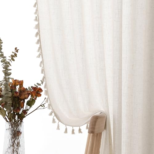 SPWIY Beige Boho Linen Curtains 96 Inches Long 2 Panels Textured Farmhouse Semi Sheer Window Curtain Tassels Back Tab Neutral Light Filtering Chic Bohemian Drapes for Living Room Bedroom 38x96