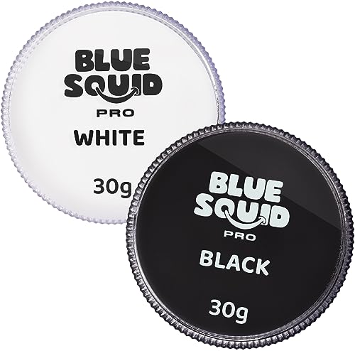 Blue Squid Pinturas faciales profesionales con base acuosa, aptas para la cara y para el cuerpo, para niños, adultos y efectos especiales, envase individual (Blanco y Negro Clásico, 30 g)