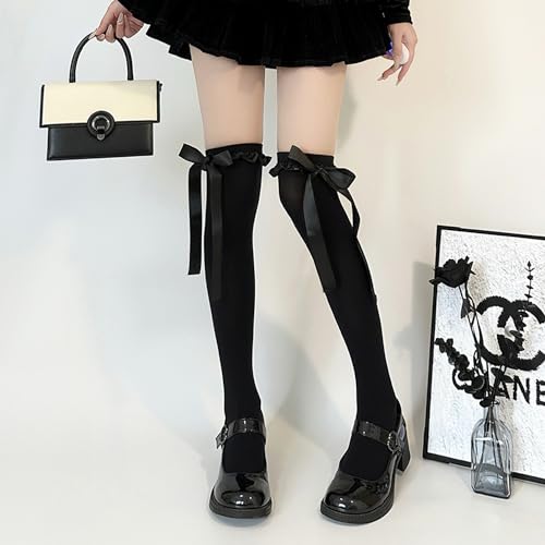 Image of Thigh High Stockings with Bow, Santa Accessory Y2K Fishnet Socks with Lace Brim Lingerie Tights for Women