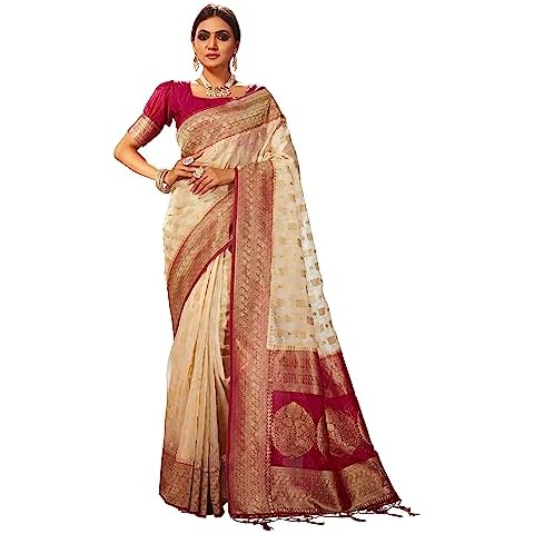 Elina fashion Women's Ready to Wear Cream Oraganza One Minute Pre Pleated Indian Saree With Unstiched Blouse Cover