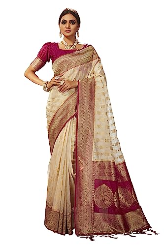 Elina fashion Women's Ready to Wear Cream Oraganza One Minute Pre Pleated Indian Saree With Unstiched Blouse