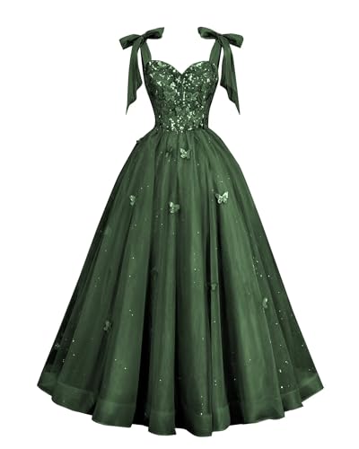3D Butterfly Prom Dresses Sparkly Tulle Prom Dress Teens A Line Ball Gowns for Women Formal Emerald Green Size 10