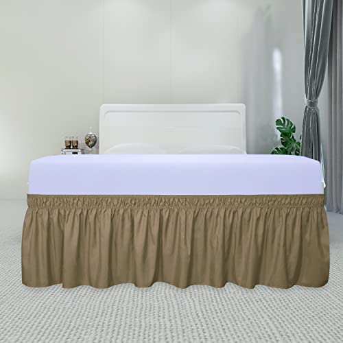 PureFit Wrap Around Ruffled Bed Skirt with Adjustable Elastic Belt - 18 Inch Drop Easy to Put On, Wrinkle Free Bedskirt Dust Ruffles, Bed Frame Cover for Queen, King and C-King Size Beds, Camel