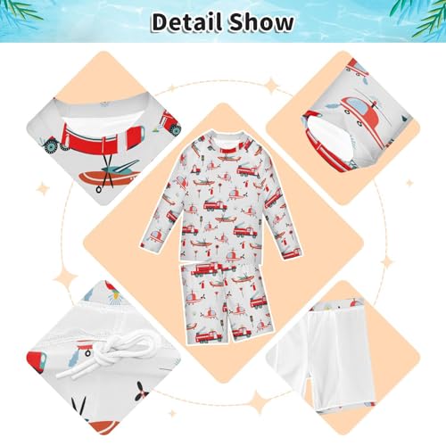 Helicopter Fire Truck Boys Swimsuit Rash Guard Toddler Kids Long Sleeve Swim Shirt and Trunks Swimwear Set 3-10Y3