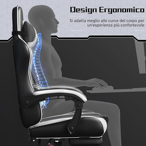 Sedia da Gaming Ergonomica Massaggiante con Poggiapiedi Reclinabile Imbottiti in Finta Pelle, Poltrona Gamer da Scrivania con Poggiatesta e Supporto Lombare Ruote Girevole Bianco - Sedia gaming - Immagine 7