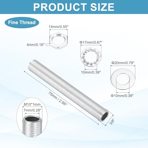 Image of MECCANIXITY 35Pcs 3 inch Lamp Pipe Nipples Kit with Hex Nuts Washers, M10 Fine Threaded Hollow Tube Repair Hardware Fasteners Assortment for Assembly Chandelier Ceiling Lamp DIY, Silver