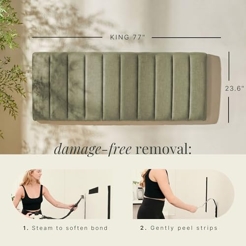 Image of Hearth & Harbor Wall Mounted King Headboard Only, Bed Headboard King Size | Easy Assemble, Floating Peel & Stick, Upholstered Channel Stitched, 3D Wall Panels, 5 Strips of 3M Tape Included, Olive Green