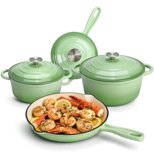 Image of LIFERUN 7Pcs Enameled Cast Iron Cookware Set, Cast Iron Pots and Pans Set