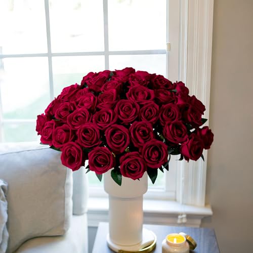 Image of INSPRING 50 PCS Burgundy Roses Artificial Flowers with Long Stems | Real Looking, Fake Roses, Silk Flowers, DIY Bouquet, Wedding Party Celebration Home Bridal Decoration Gift, for Her Wife