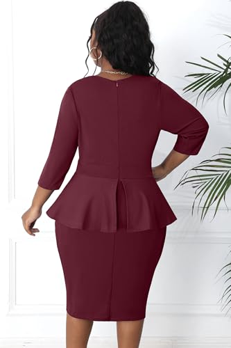 Image of Runwind Plus Size Dresses for Curvy Women, Work Church Professional Office Vintage Peplum Pencil Dress V Neck 3 /4 Sleeve