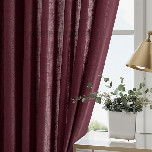 Image of Nanspring Burgundy Linen Curtains 84 Inch Length 2 Panels Set for Living Room Rod Pocket Back Tab Light Filtering Window Drapes for Bedroom Dining Room Protect Privacy Modern Farmhouse Decor 52x84