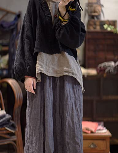 NFYM Women's Linen Open Front Shirt Lantern Long Sleeve V Neck Plain Color Crop Top Blouse3