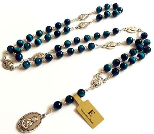 elegantmedical HANDMADE RARE Peacock buleTiger Eye Jade Beads SEVEN 7 SORROWS MARY MEDAL Rosary Necklace Catholic GIFTS4