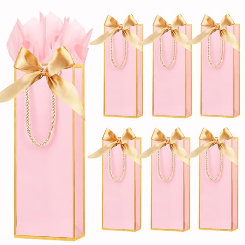 6 Pack Wine Gift Bags with Tissue Paper Wine Bottle Paper Bags with Bow Ribbon for Wedding Birthday Christmas Retirement Party Supplies (Pink)
