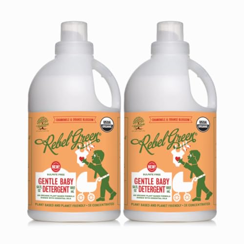 Image of Rebel Green Organic Baby Laundry Detergent - Natural Laundry Soap - Liquid Laundry Detergent - Gentle Laundry Detergent - Chamomile & Orange Blossom Scent - (64 Load Bottles, 2 Pack)