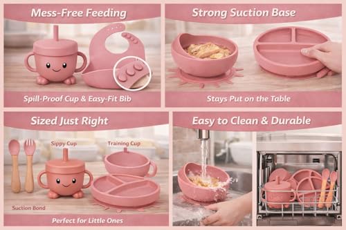 Image of SJC Global Silicone Baby Feeding Set Pink - 6 PCS Plate, Bowl, Spoon, Fork, Bib & Cup | Food‑Grade Silicone Tableware for Babies & Toddlers