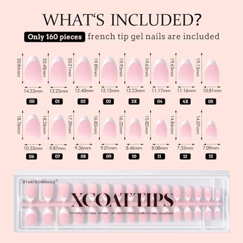 BTArtboxnails French Gel Nail Tips - French Tip Press on Nails Pink Short Almond XCOATTIPS Pre-applied Tip Primer & Base Coat, No Need to File Fake Nails for Nail Art DIY