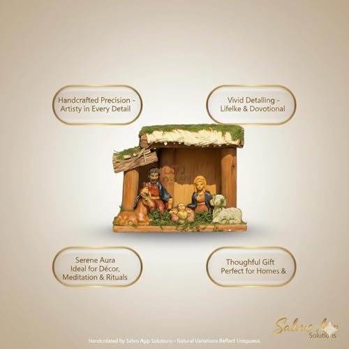 Salvus APP SOLUTIONS Handmade Wood Hut Nativity Set with Marble Powder Mary, Joseph, Baby Jesus, Lamb and Horse/Crib Set, Christmas Decor- 12.5 x 5.5 x 9.5 cm