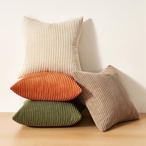 Image of Topfinel 20x20 Sofa Pillow Covers Rust and Olive Green Velvet Throw Pillow Covers Boho Farmhouse Cushion Cases Soft Corduroy Fall Home Decor for Couch Bed Sofa Living Room Pack of 4