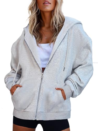COPYLEAF Oversized Zip Up Hoodies for Women Long Sleeve Sweatshirts Y2K Casual Track Jackets with Pockets Grey