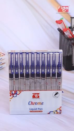 Image of Figo Chrome Liquid Roller Pen - 0.6mm Fine Pipe Tip, Smooth Writing, Quick Dry Ink - Pack of 10 Blue Ink Pens for Office, School & Home