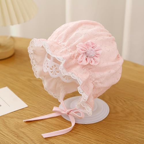 Baby Girl Bonnet Lace Brimmed Baby Hats Lovely Bonnet with Flowers Lacy Beanie Cap for Infant Newborn Toddler4