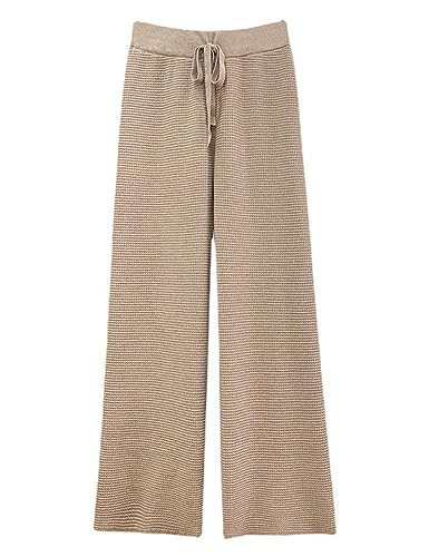 Gratoryna Womens Waffle Knit Lounge Wide Leg Pants High Elastic Waist Flowy Sweater Pants with Drawstring(Camel-S)
