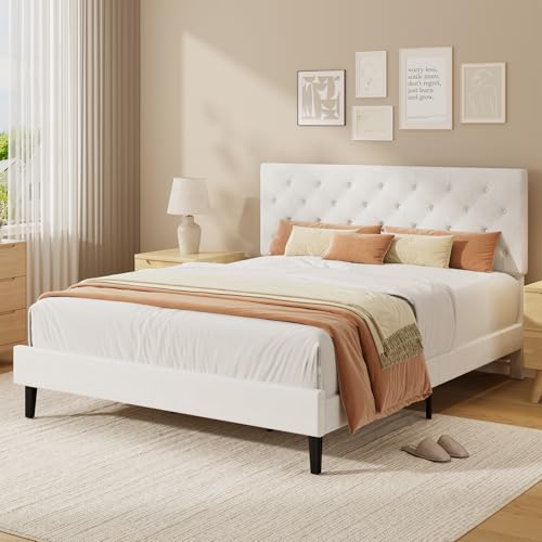 HOMBCK Double Bed Frame 135 x 190 cm with Adjustable Upholstered Headboard Heavy Duty 256kg Weight Capacity Easy Assembly No Box Spring Needed White