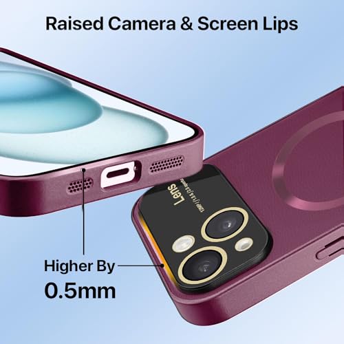 Image of Vaku Luxos Premium Polarized Leather Back Cover for iPhone 15 Plus Texture Full Lens Protection Silicon Case Scratch Resistant Slim Thin Compatible with Mag-Safe - Cherry