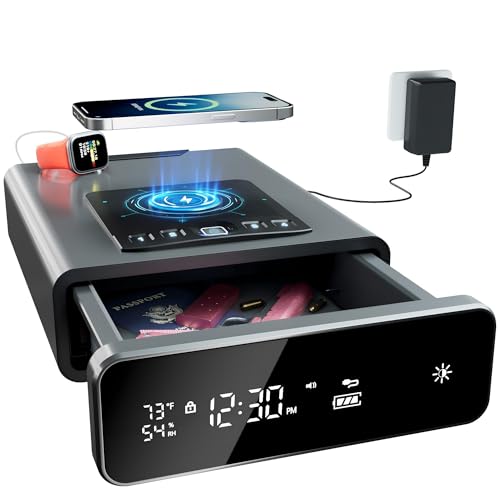 Mboko Biometric Discreet Gun Safe with 12-Hour Time Clock Display, Wireless Charging Pistol Safe for Handgun with Adjustable Brightness, Backlit Keypad, LED Light, and Auto Pop-up Access（Gray）