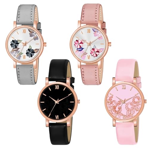 Image of Multicolor Flower Dial Leather Strap Gifts for Women Formal Girl's and Women's Watch Women's Analog Combo Watch for Women (Pack of 4)
