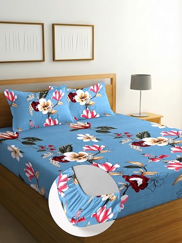Image of DECORUM Glace Cotton Fitted 1 Bedsheet King Size (72 inchx78 inch) | All Around Elastic | Cotton Feel | 2 Pillow Covers (17 inchx27 inch) | Fits Up to 8 inch Mattress | 200-220 TC | Printed Double Bed Sheet Set
