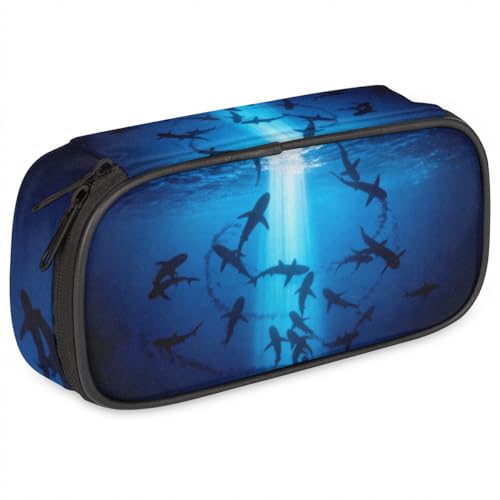 Image of Ocean Animal Sharks Pencil Case Pen Holder Large Capacity Black Stationery Organizer Pencil Bag with Zipper for Boys Girls Sea Sharks Kids Pencil Pouch Storage Box for School College Office