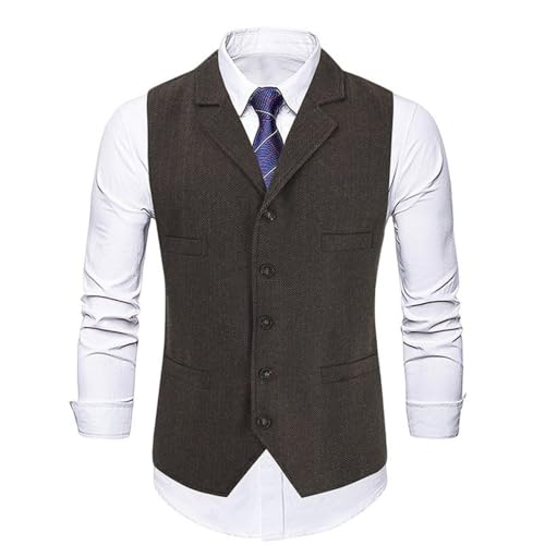 Chaleco de tweed en espiga para hombre corte ajustado cuello en V uniforme trabajo marrón S
