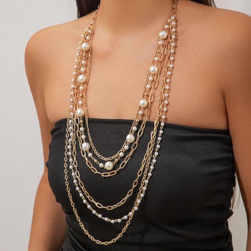 ALEXTINA Long Pearl Necklaces for Women Multiple Layered Necklace Vintage Gold Chain Pearl Strand Necklace for Party 1920s Gatsby Costume Jewelry2