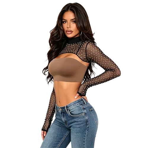 Image of Ypser See Through Glitter Mesh Crop Top Sheer Open Front Shrug Fishnet Cover Ups