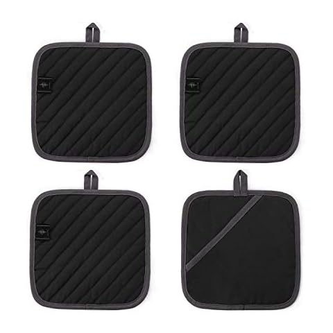 BONTHEE 4 Piece 8 x 8 inches Potholders Washable Hot Pads for Cooking Kitchen Baking - Black Cover