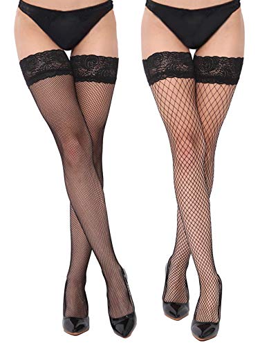 SOUTHRO 2 Pairs Women’s Fishnets Thigh High Stockings Tights Socks With Lace Top