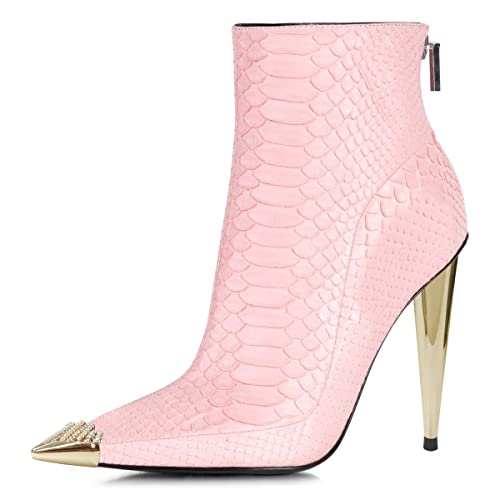 FSJ Women Trendy Rhinestone Cap Pointed Toe Ankle Boots Matal Cone High Heel Back Zipper Casual Daily Fashion Walking Shoes Size 4-15 US2