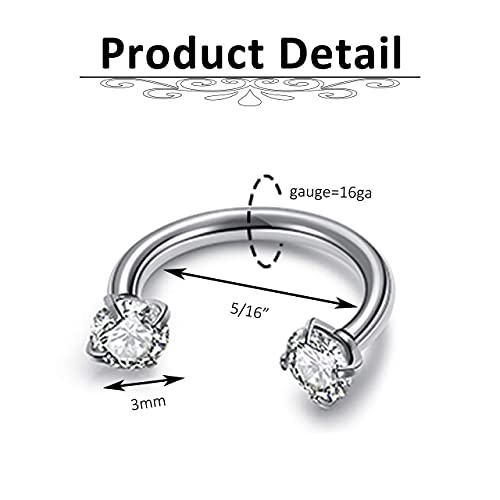 Jovivi 2-5pcs 16G Stainless Steel Cubic Zirconia Horseshoe Multi-functional Lip/Nose/Nipple/Eyebrow Captive Hoop Ring Barbell Tragus Cartilage Stud Earrings 5/16"2