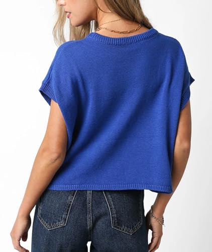 Image of Womens American Flag Sweater Cap Sleeve Summer Crop Tops Crew Neck Loose Fit Knit Sweater Pullover Top