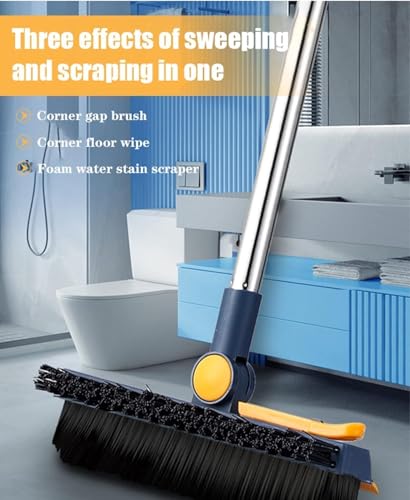 Image of KESI Ornaments 3-in-1 Bathroom Cleaning Brush Long with Wiper,Shower Scrubber Long Handle Hard Bristles for Tiles,Bathroom,Kitchen & Floor Cleaning | 180 Rotating Head Floor Scrub Cleaning Brushes