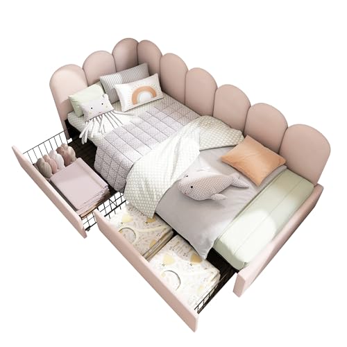 Goldicoo Cama infantil de 90 x 190 cm para niñas y niños – Cama acolchada con somier y espacio de almacenamiento, color rosa y terciopelo