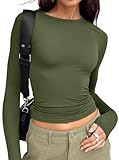 Trendy Queen Womens Long Sleeve T Shirts Fall Fashion 2025 Basic Crop Tops Going Out Workout Outfits Y2k Clothes Army Green L