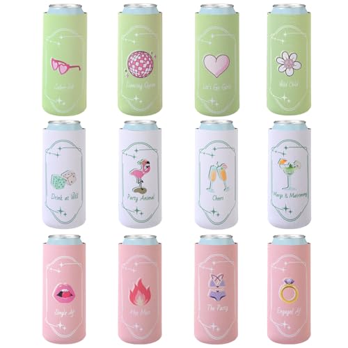Image of SiliFine 12 Pack Funny Margs and Matrimony Martini Can Coolers Skinny Bachelorette Party Can Sleeves Bride Beer Cup Holder Set Cocktail Wine Themed Party Favors Bulk for Bride Bridesmaid Gifts