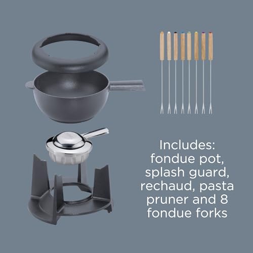 Foto von Spring Gusseisen Fondue Set schwarz | Ø 20 cm | mit 8 Fonduegabeln und Spritzschutz | für Käsefondue, Fleischfondue | Rechaud Brenner